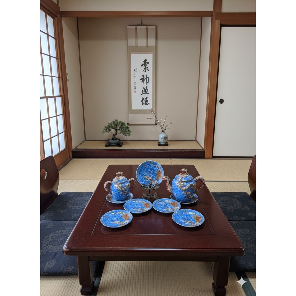 Vintage Kutani Moriage Dragon Ware Teapot Hand Painted Blue Orange Set Of 9